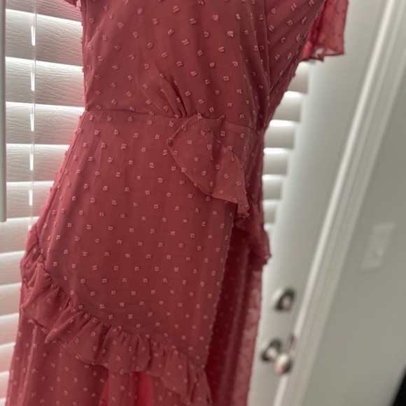 Lulu's Next to You Rusty Rose Swiss Dot Ruffled Midi Dress - Picture 4 of 12
